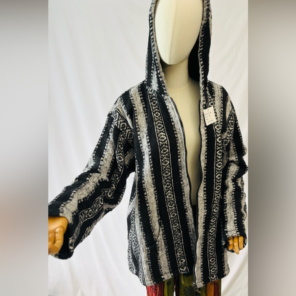 Black and White Striped Hooded Jacket